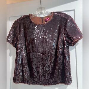 STAUD Brown Sequin Short Sleeve Top with Back Zip